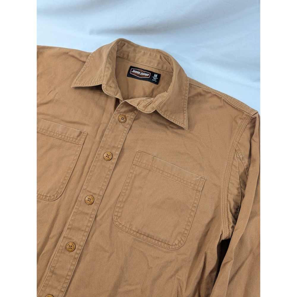 Jesse James Shirt Mens Medium Brown Canvas Button Up Industrial Work Mechanic ^